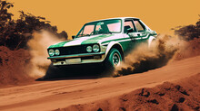 Vintage Rally Car Splashing The Dirt In Retro 70s Styled Scene