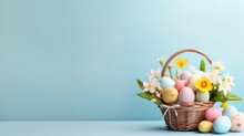 A Colorful Easter Basket Overflowing With Pastel Eggs And Spring Flowers On A Blue Background