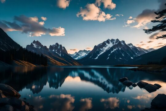 A serene alpine lake reflecting the surrounding mountains and the sky at twilight.