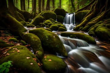 Wall Mural - A series of small cascades flowing over moss-covered rocks in a lush forest.