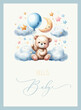 © ku4erashka - Cute baby shower watercolor invitation card with bear on cloud and stars. Hello baby calligraphy.