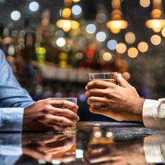 Two gay lovers drinking whisky (scotch) in a restaurant and they are holding each others hand