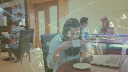 Wall Mural - Animation of networks of connections over diverse people in cafe