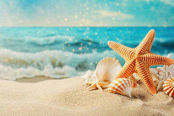 Starfish and seashells on the sea beach