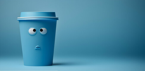 Blue Monday with sad face on blue coffe cup on blue background with copy space