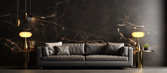 Aufkleber - Luxurious contemporary living room with a 3D rendered marble and black patterned wall background Copy space image Place for adding text or design