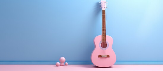 Canvas Print - Pink background featuring a music note next to an acoustic classic guitar Copy space with a blue cartoon guitar 3D rendered image Copy space image Place for adding text or design