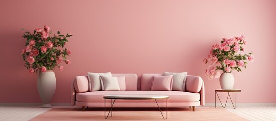 Aufkleber - Pink walled living room adorned with lovely flowers and sofas 3D image Copy space image Place for adding text or design