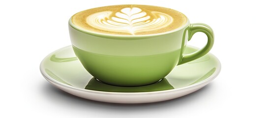 Leinwandbilder - Latte art in a green cup isolated on white background Copy space image Place for adding text or design