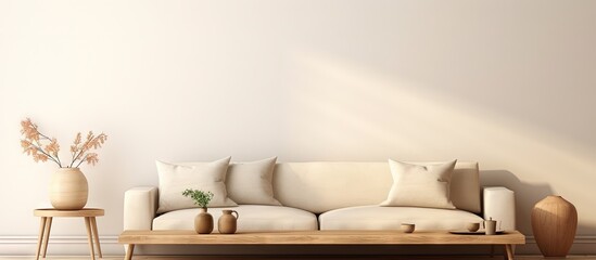Aufkleber - Minimal wooden table with accessories in a cozy minimalist living room 3d illustration Copy space image Place for adding text or design