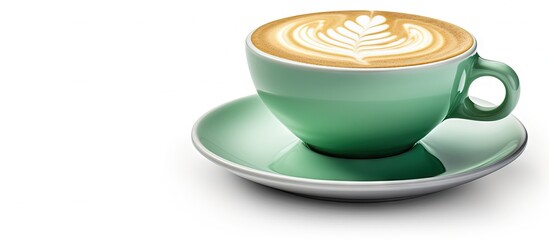 Leinwandbilder - Latte art in a green cup isolated on white background Copy space image Place for adding text or design
