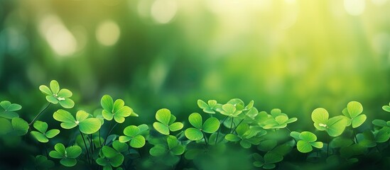 Wall Mural - Green shamrock plant in nature background with fresh juicy color Copy space image Place for adding text or design