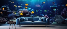 High Quality Wall Decoration With 3D Underwater Fish Illustration For Living Room Wallpaper Copy Space Image Place For Adding Text Or Design