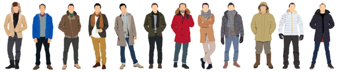 Poster - Different young men wearing trendy modern street style autumn outfit standing full length. Realistic illustration isolated on white background.