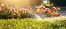 Irrigation Service Makes Flowers And Grass Grow In The Garden With A Sprinkler Under The Sun Copy Space Image Place For Adding Text Or Design