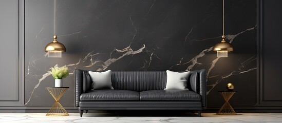 Aufkleber - Luxurious contemporary living room with a 3D rendered marble and black patterned wall background Copy space image Place for adding text or design