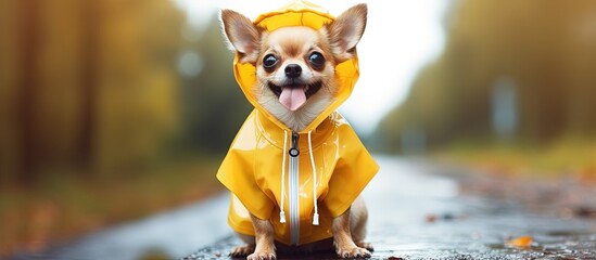 Sticker - Humorous Chihuahua dog in a raincoat near a puddle outside Copy space image Place for adding text or design