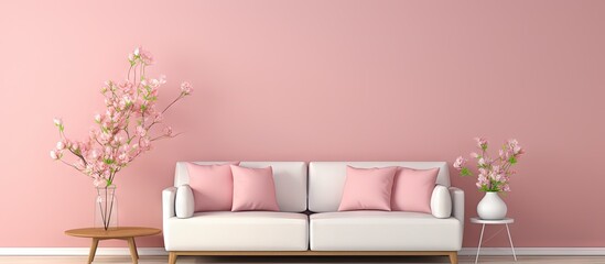 Aufkleber - Pink walled living room adorned with lovely flowers and sofas 3D image Copy space image Place for adding text or design