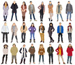 People wear fashion winter clothes. Men, women in outfits for cold weather, coat, jacket, scarf, hat. Characters in modern warm apparel. Flat graphic vector illustration isolated on white background. 