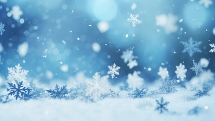 Wall Mural - Christmas Winter snow photo Snowflakes - Snowflakes and bokeh lights on the blue Merry Christmas background. 3D render Photorealistic - Seamless loop animation, created using AI Generative Technology