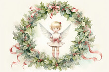 Charming Watercolor Illustration With Angel Of A Vintage Christmas Wreath With Muted, Pastel-colored Ornaments