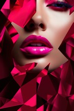 Fashionable Stylish Woman In Pink And Red Portrait, Luxury Female Model Studio Shot, Lipstick Ads Concept