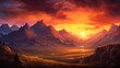 The majesty of a sunset over a snow-capped mountain range, where the peaks are bathed in warm hues, creating a majestic and awe-inspiring alpine landscape