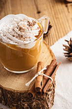 Pumpkin Spice Latte With Whipped Cream And Cinnamon, Warmer Autumn And Winter Hot Drink
