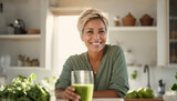 Fototapeta  - Healthy senior woman smiling while holding some green juice, healthy living concept, space for text


