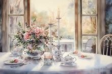 Watercolor Painting Of A Holiday Dining Table Set With Vintage China, Surrounded By Winter Foliage, Antique Style Christmas Centerpieces