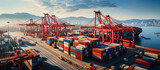 Fototapeta Most - background, logistic, shipping, transportation, cargo, trade, transport, export, import, commerce. the most global shipping operations ship boat cargo container and crane on ocean background.