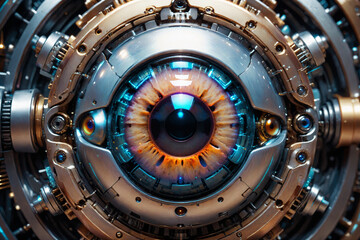 Poster - Artificial intelligence, mechanical cyborg  eye suspended in the dark void