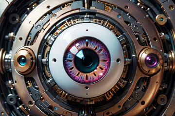 Poster - Artificial intelligence, mechanical cyborg  eye suspended in the dark void