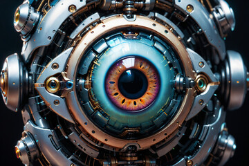 Poster - Artificial intelligence, mechanical cyborg  eye suspended in the dark void