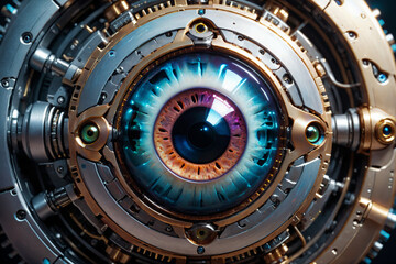 Poster - Artificial intelligence, mechanical cyborg  eye suspended in the dark void