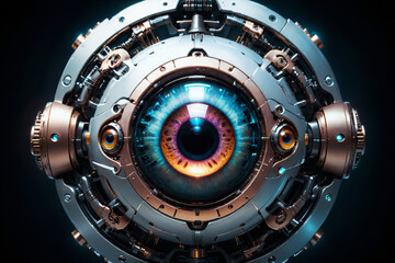 Poster - Artificial intelligence, mechanical cyborg  eye suspended in the dark void
