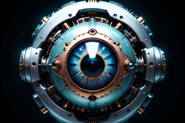 Poster - Artificial intelligence, mechanical cyborg  eye suspended in the dark void