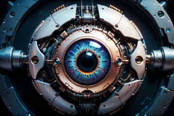 Poster - Artificial intelligence, mechanical cyborg  eye suspended in the dark void