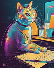 A cat programmer is working at a computer in an office