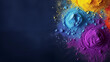 Holi festival creative background template with copy space. Colorful Gulal or powder isolated on dark canvas. Generative AI