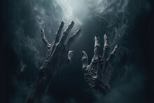 Scary Hands From Dark, Frightening Monster Hand In Fog, Halloween Horror Concept, Generative Ai 