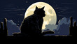 A cat sitting on a rooftop or a fence, outlined against a large, full moon