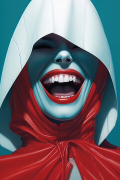 woman wearing a red hood and hat laughing, horror art, generative ai