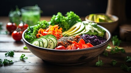 Wall Mural - Fresh vegetable salad and buddha bowl are both healthy vegetarian food concepts.
