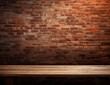 © Nii_Anna - Empty wooden deck table on the vintage brown brick wall background. Backdrop for mockup and promotion design