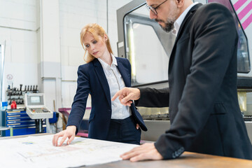 Businessman and businesswoman looking at plan on table in factory