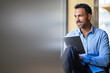 © tunedin - Smiling businessman sitting at the window using tablet