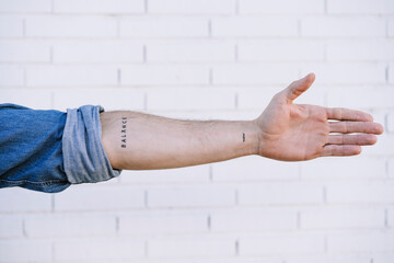 Wall Mural - Man's hand with tattoo against brick wall