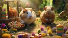 A Pair Of Guinea Pigs Forage Through An Indoor Meadow Of Assorted Toys And Treats, A Snapshot Of Contained Wilderness.