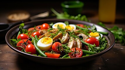 Wall Mural - A salad that is both healthy and hearty, consisting of tuna, green beans, tomatoes, eggs, potatoes, and black olives is being served on the table.